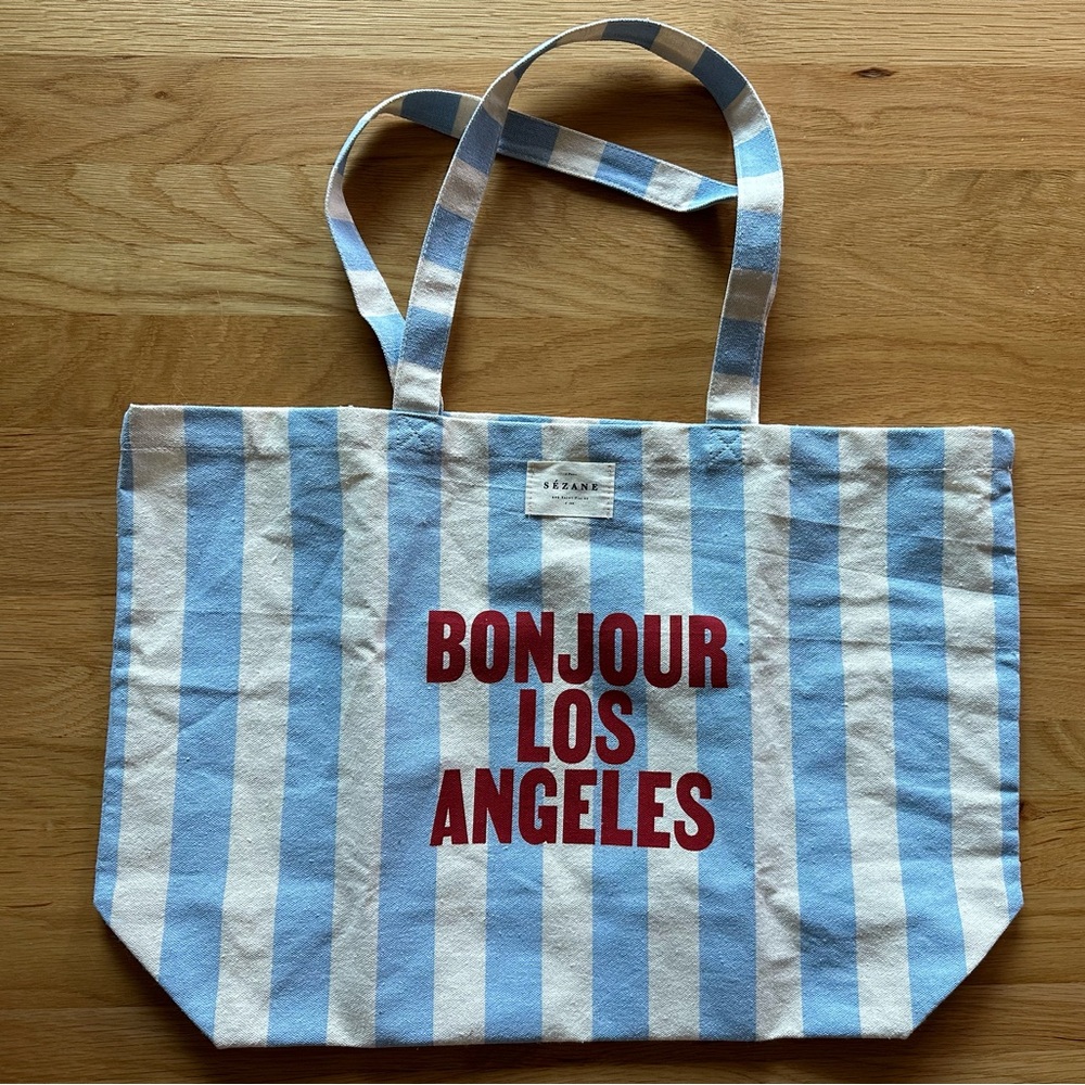 Sezane Tote Bag Blue Striped Bonjour Los Angeles
